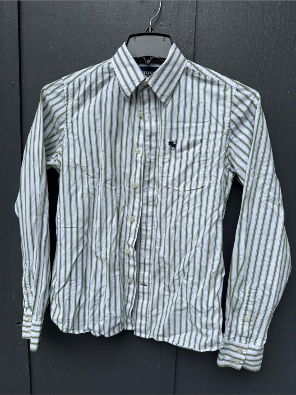 Abercrombie & Fitch White Button-Down Shirt with Green Stripes